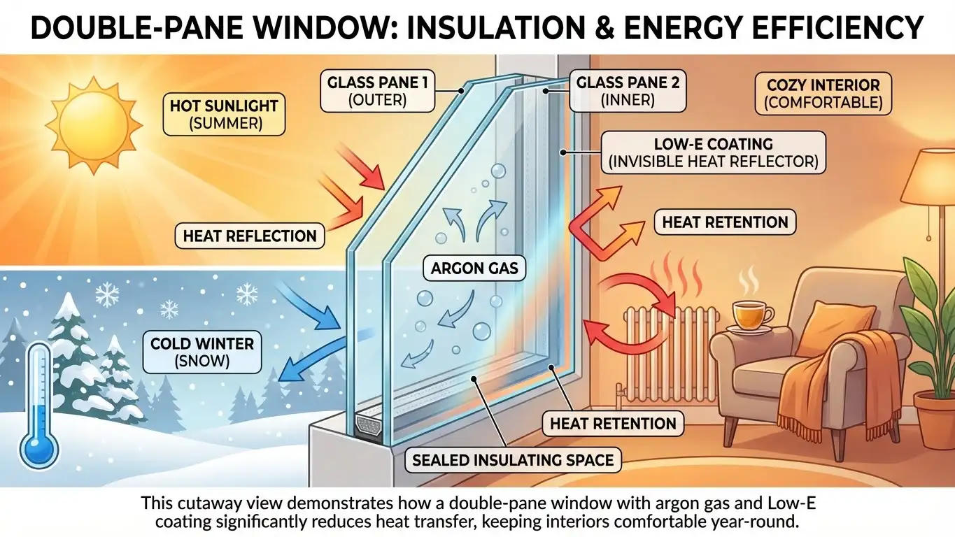 Diagram of double-pane low-E glass with insulating gas